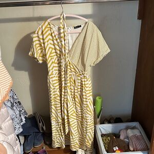 Yellow and White Striped faux Wrap Dress